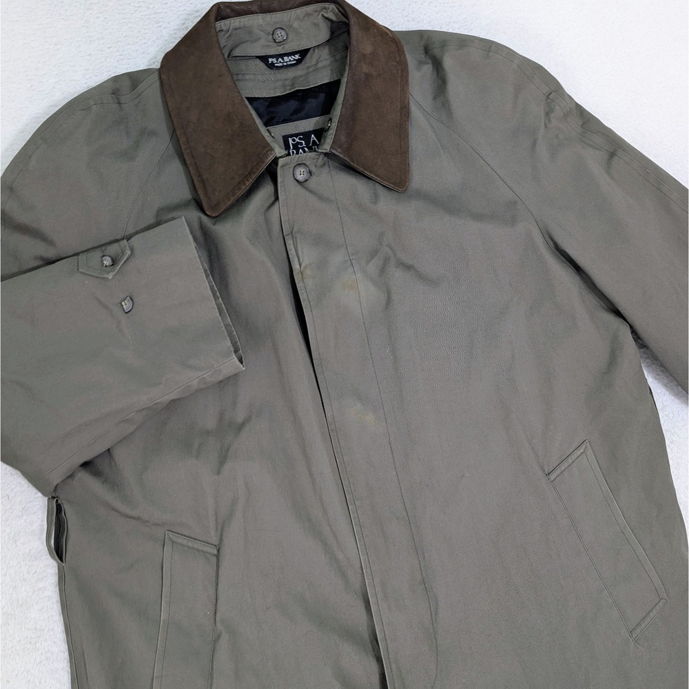 VTG Jos A Bank Cotton Olive Green Wool Lined Trench Coat Overcoat w/ Leather 42S